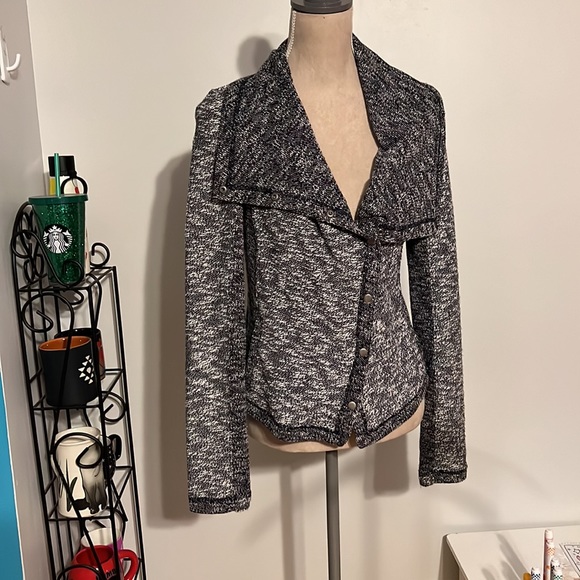 Anthropologie Saturday Sunday Navy Blue & Ivory Marled Moto Jacket - Picture 2 of 6